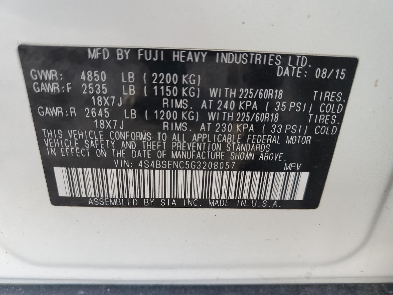 2016 Subaru Outback VIN 4S4BSENC5G3208057 Copart auction photo, front end damage thumbnail 14