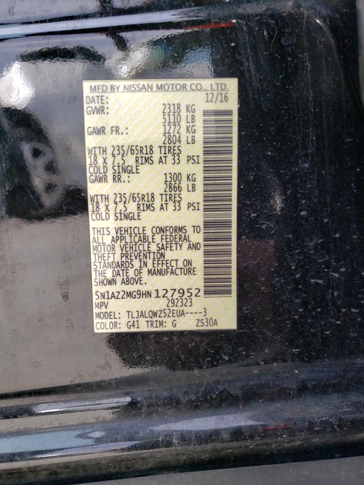 2017 Nissan Murano VIN 5N1AZ2MG9HN127952 Copart auction photo, rear end damage thumbnail 13