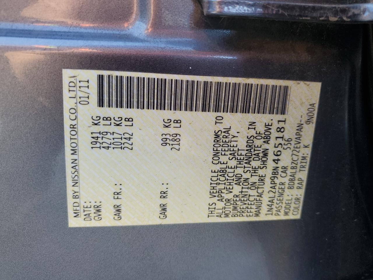 2011 Nissan Altima VIN 1N4AL2AP9BN465181 Copart auction photo, front end damage thumbnail 12