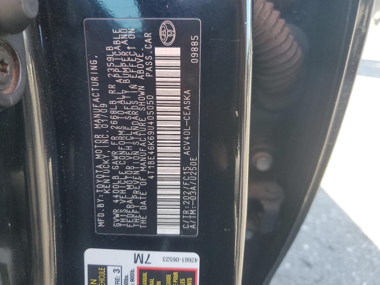 2009 Toyota Camry VIN 4T1BE46K69U405050 Copart auction photo, front end / rear end damage thumbnail 12