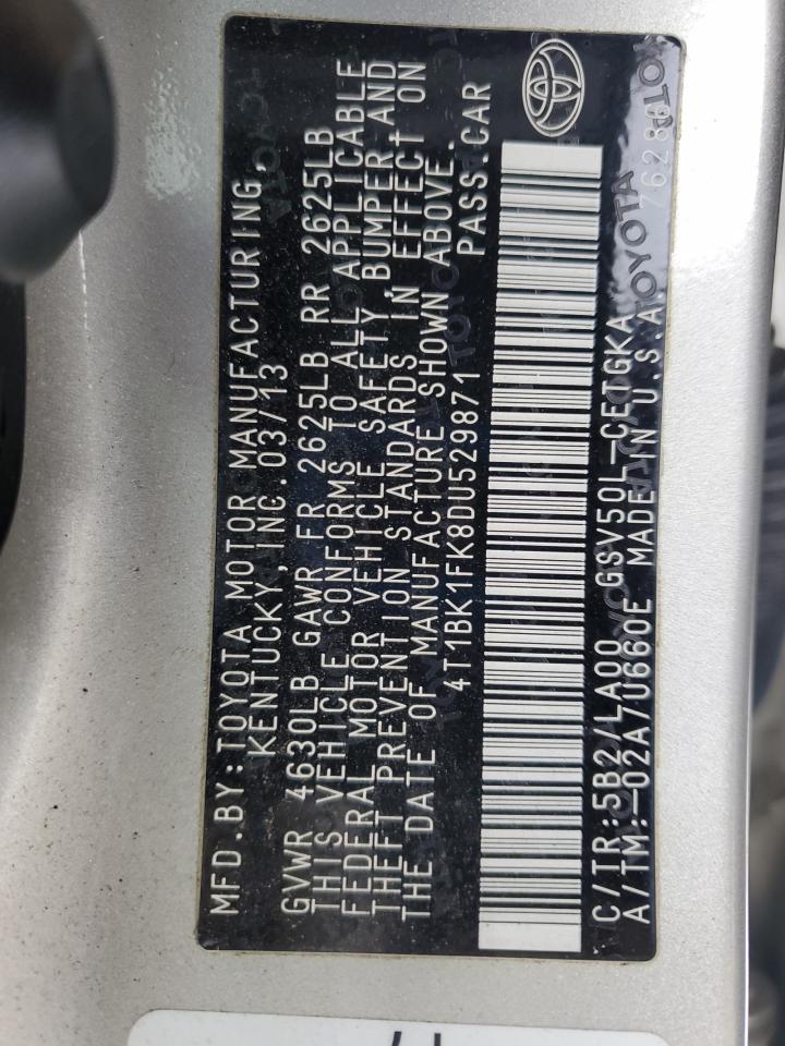 2013 Toyota Camry VIN 4T1BK1FK8DU529871 Copart auction photo, rear end / front end damage thumbnail 13