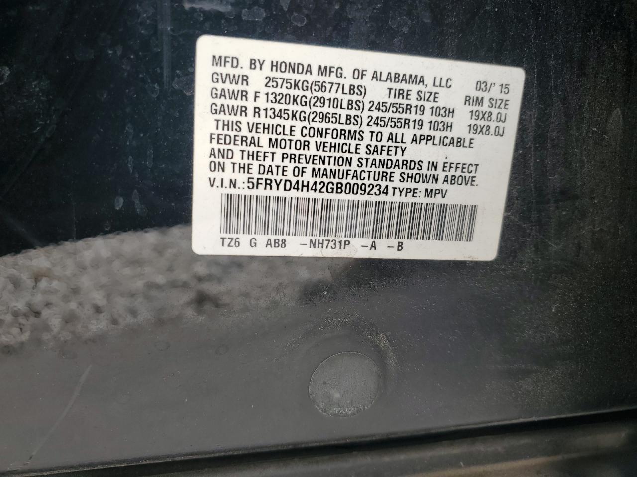 2016 Acura MDX VIN 5FRYD4H42GB009234 Copart auction photo, front end / side damage thumbnail 14