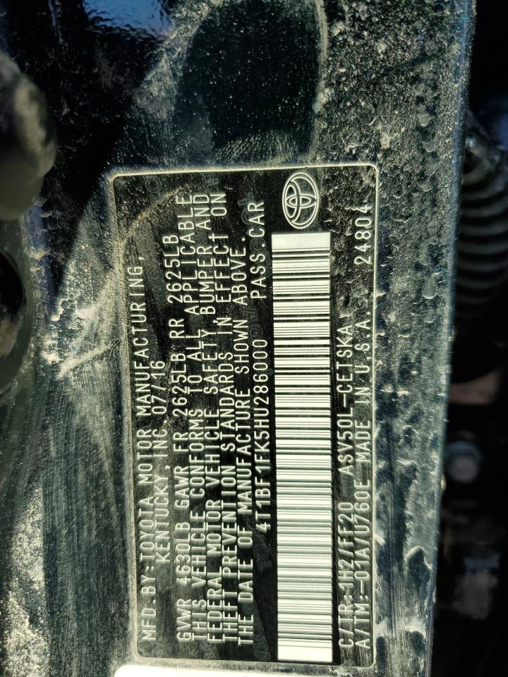 2017 Toyota Camry VIN 4T1BF1FK5HU286000 Copart auction photo, water/flood / front end damage thumbnail 13