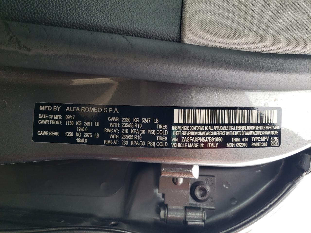 2018 Alfa Romeo Stelvio VIN ZASFAKPN5J7B91080 Copart auction photo, front end / side damage thumbnail 15