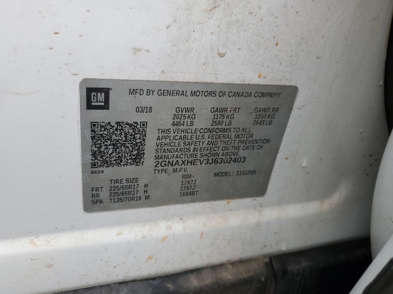 2018 Chevrolet Equinox VIN 2GNAXHEV3J6302403 Copart auction photo, all over damage thumbnail 14