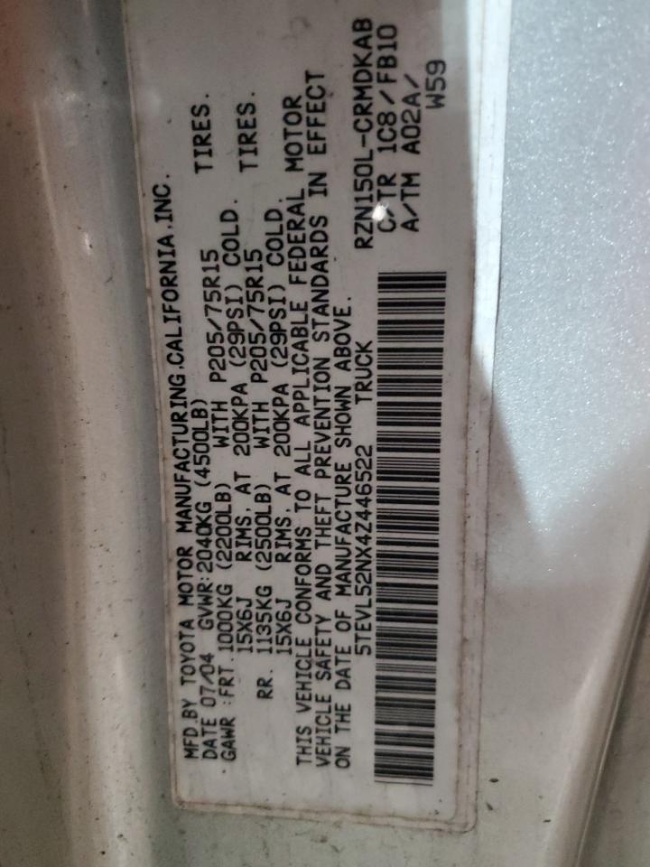 2004 Toyota Tacoma VIN 5TEVL52NX4Z446522 Copart auction photo, rear end / front end damage thumbnail 14
