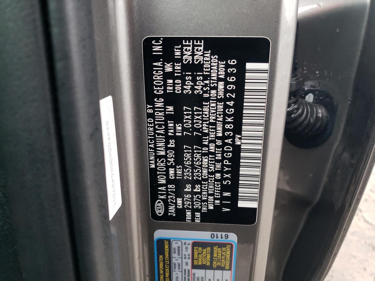 2019 KIA Sorento VIN 5XYPGDA38KG429636 Copart auction photo, front end / minor dent/scratches damage thumbnail 13