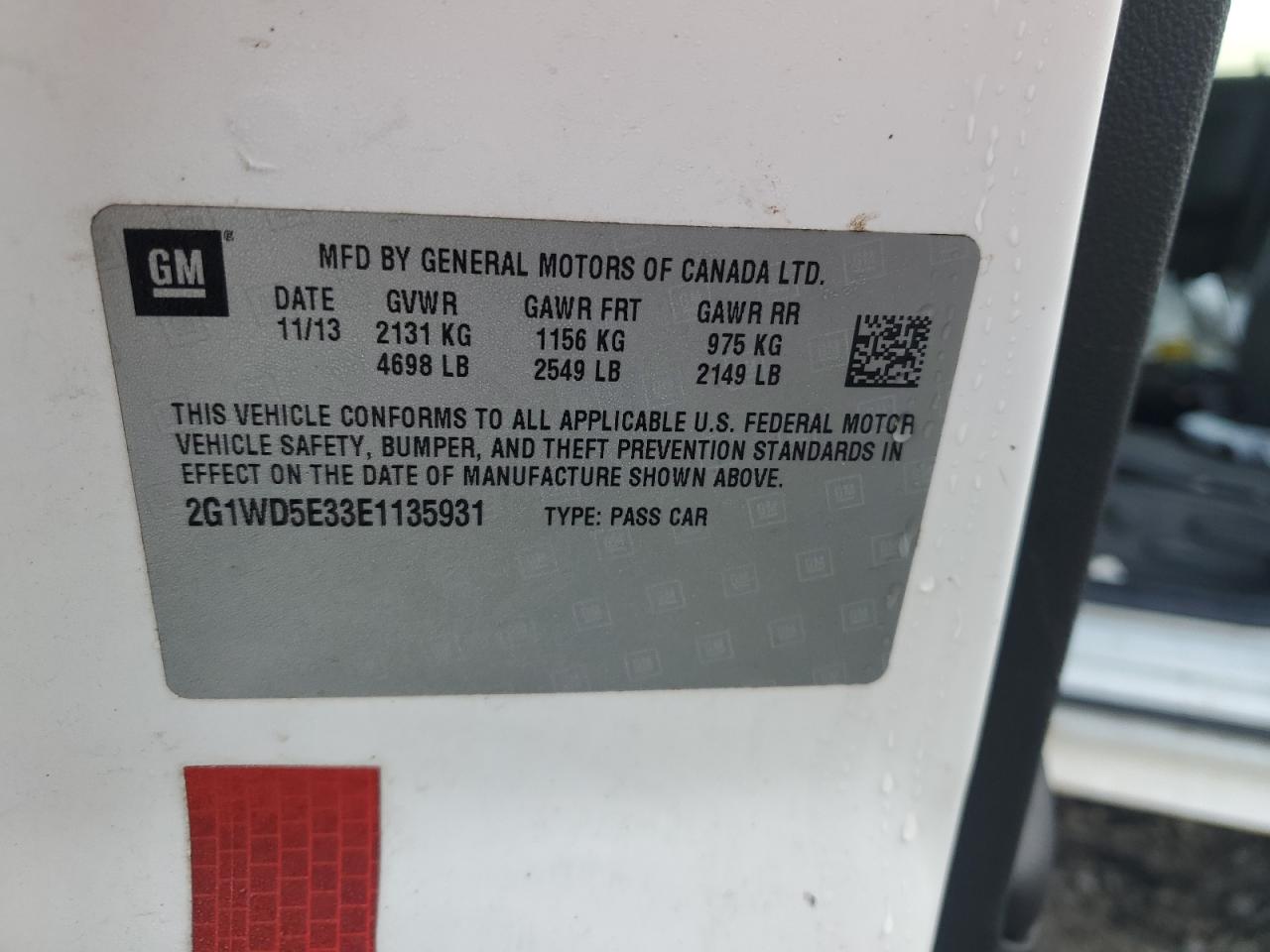 2014 Chevrolet Impala VIN 2G1WD5E33E1135931 Copart auction photo, front end / all over damage thumbnail 13