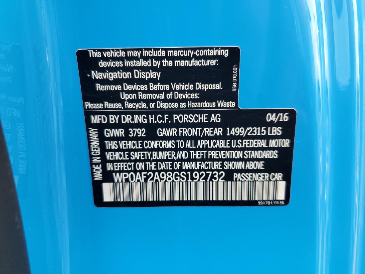 2016 Porsche 911 VIN WP0AF2A98GS192732 Copart auction photo, water/flood damage thumbnail 11