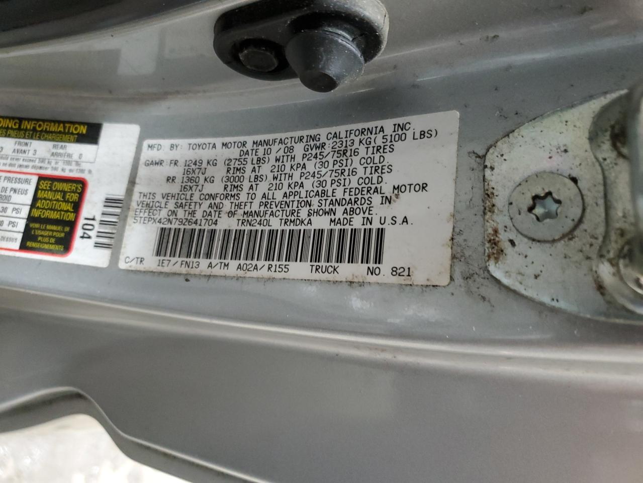 2009 Toyota Tacoma VIN 5TEPX42N79Z641704 Copart auction photo, all over damage thumbnail 14