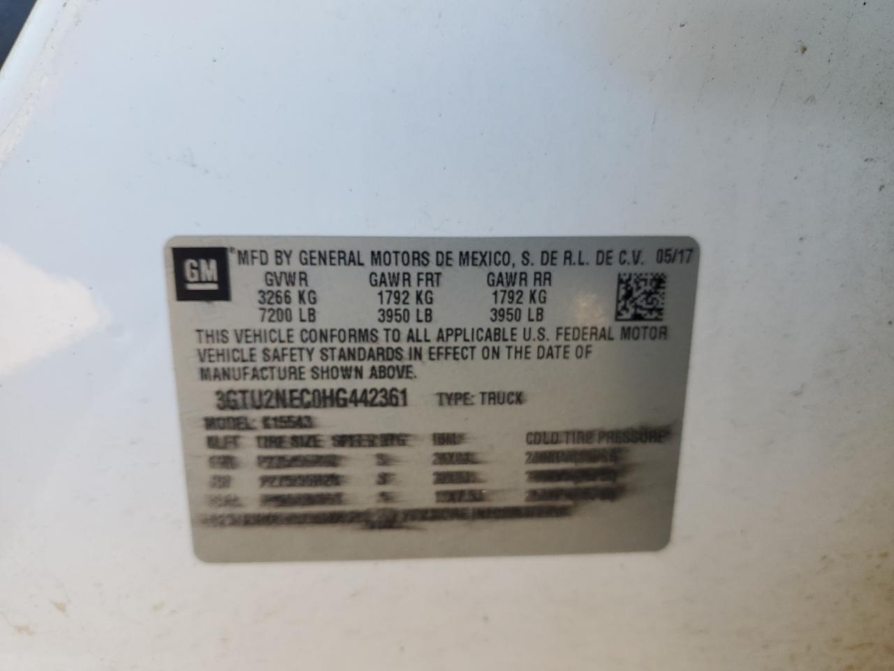 2017 GMC Sierra VIN 3GTU2NEC0HG442361 Copart auction photo, water/flood damage thumbnail 12