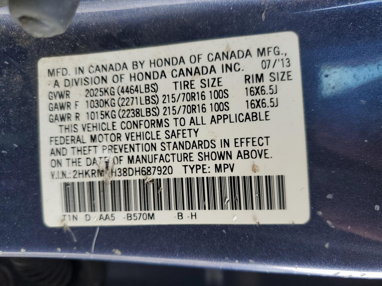 2013 Honda CR-V VIN 2HKRM4H38DH687920 Copart auction photo, front end / side damage thumbnail 15