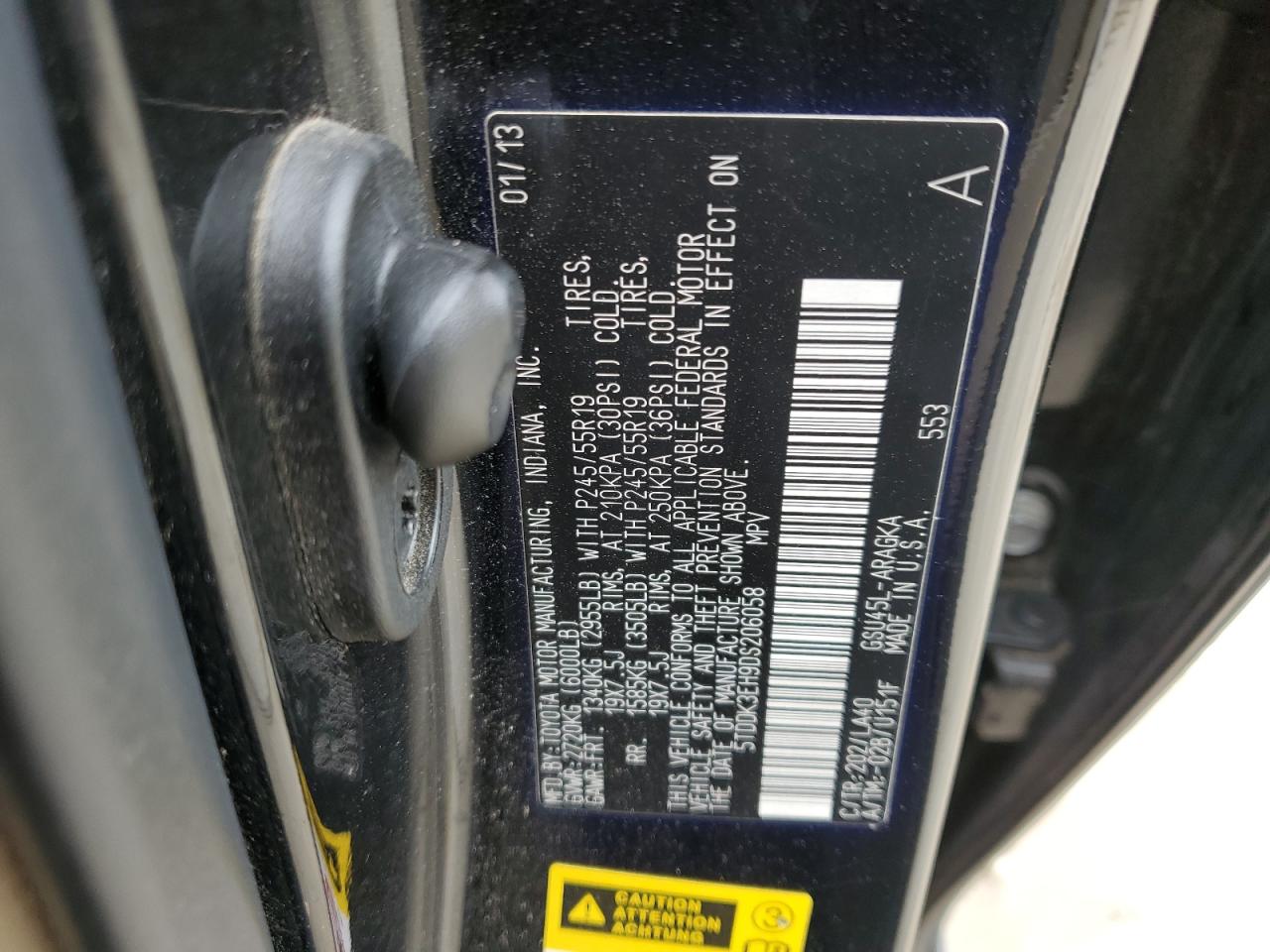 2013 Toyota Highlander VIN 5TDDK3EH9DS206058 Copart auction photo, rear end / hail damage thumbnail 14