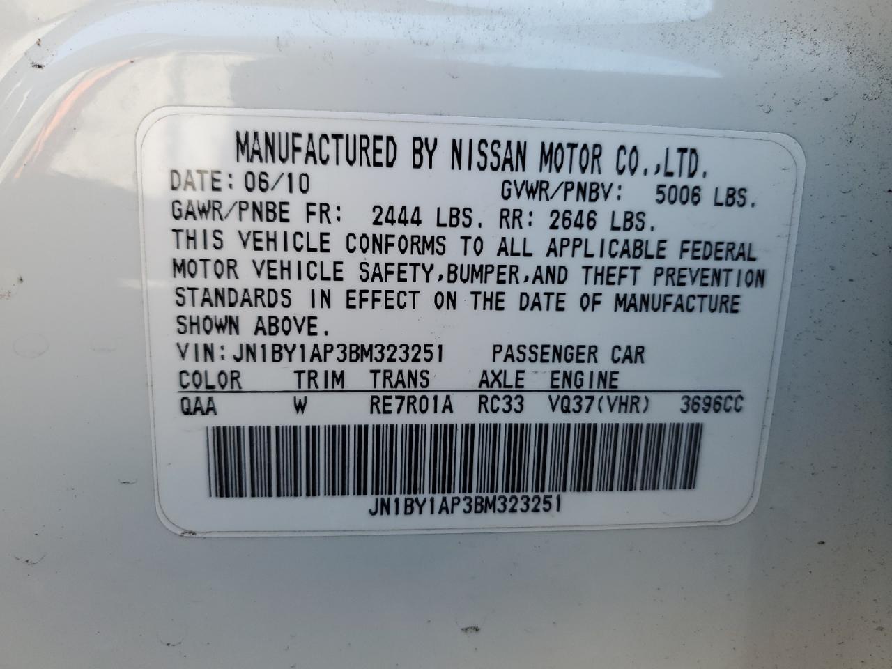 2011 Infiniti M VIN JN1BY1AP3BM323251 Copart auction photo, all over damage thumbnail 12