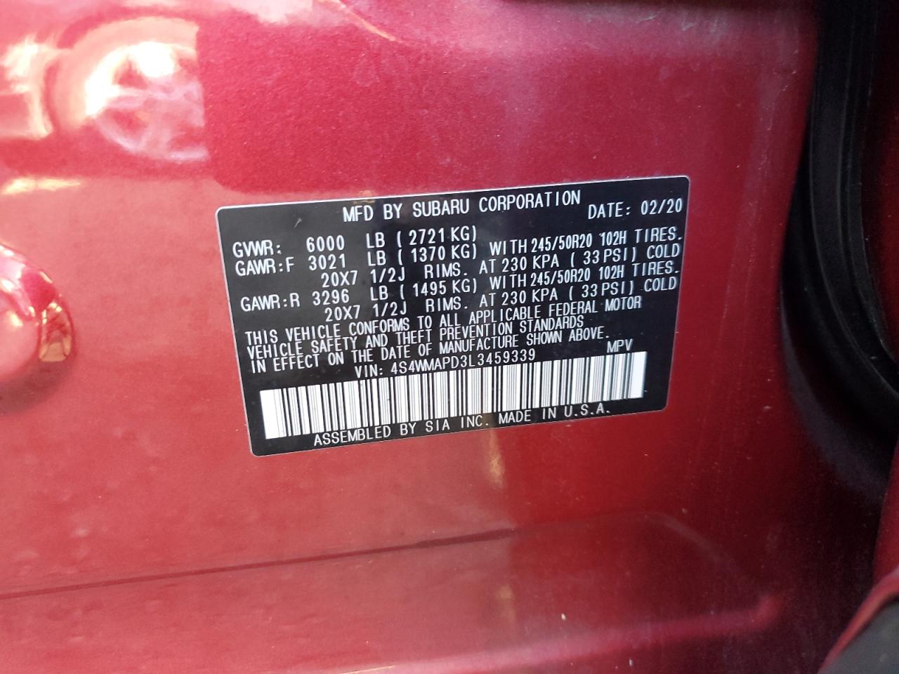 2020 Subaru Ascent VIN 4S4WMAPD3L3459339 Copart auction photo, all over damage thumbnail 13