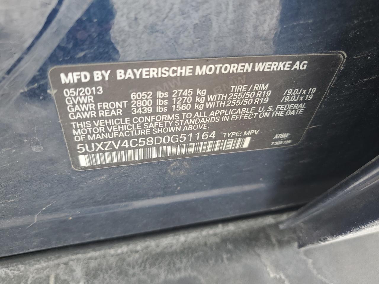 2013 BMW X5 VIN 5UXZV4C58D0G51164 Copart auction photo, front end damage thumbnail 15
