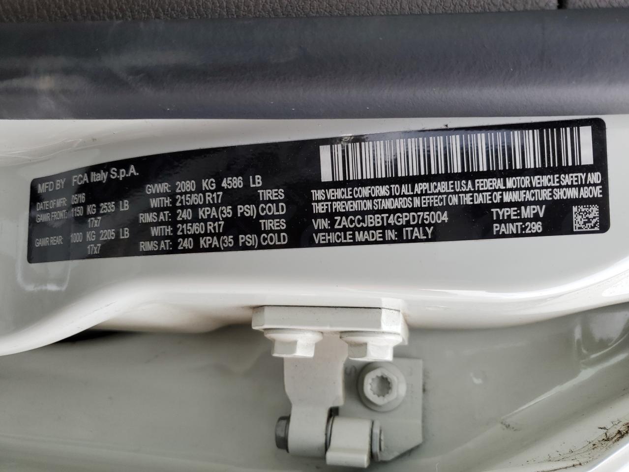 2016 Jeep Renegade VIN ZACCJBBT4GPD75004 Copart auction photo, front end / side damage thumbnail 13