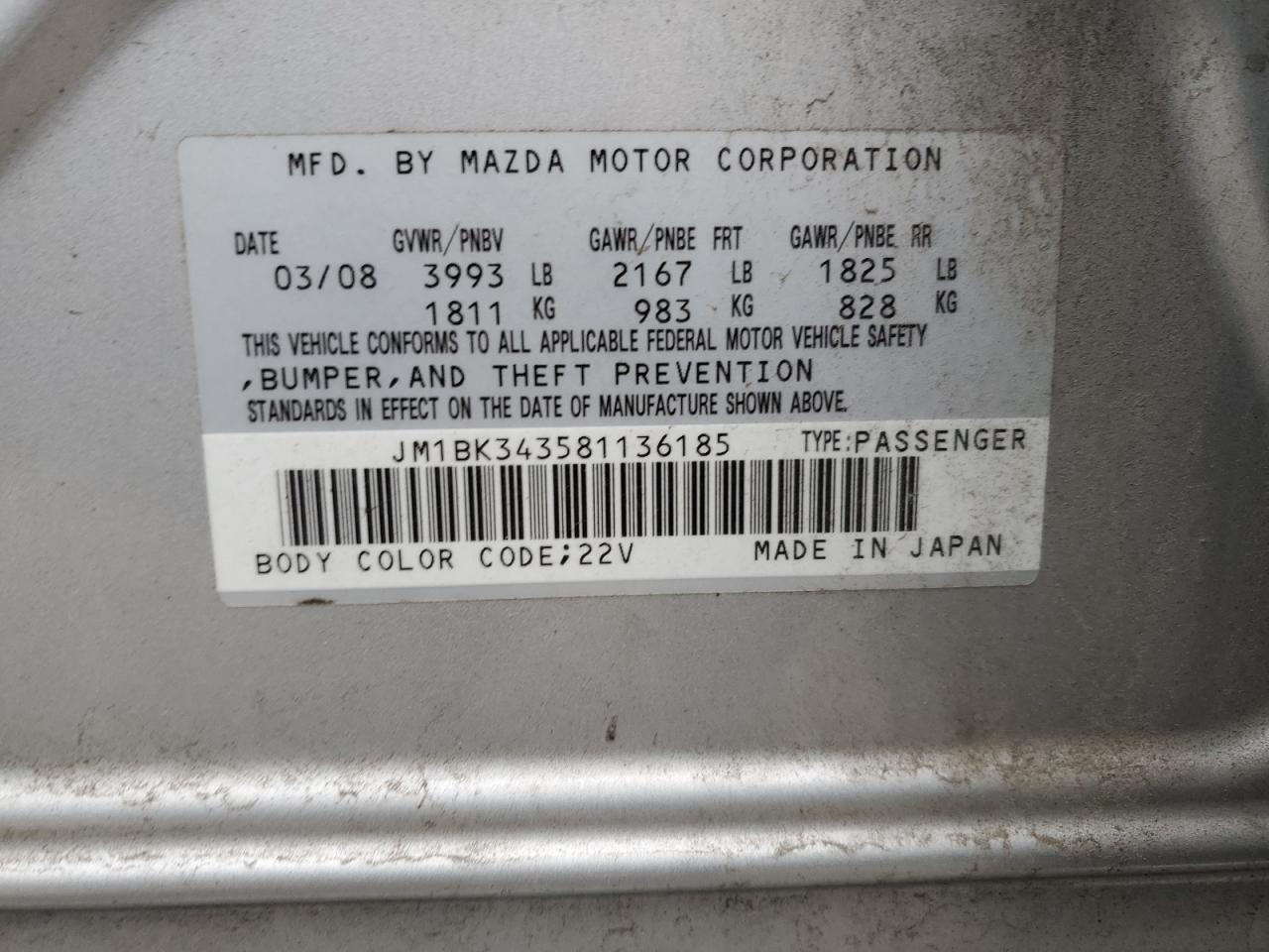 2008 Mazda 3 VIN JM1BK343581136185 Copart auction photo, front end damage thumbnail 14