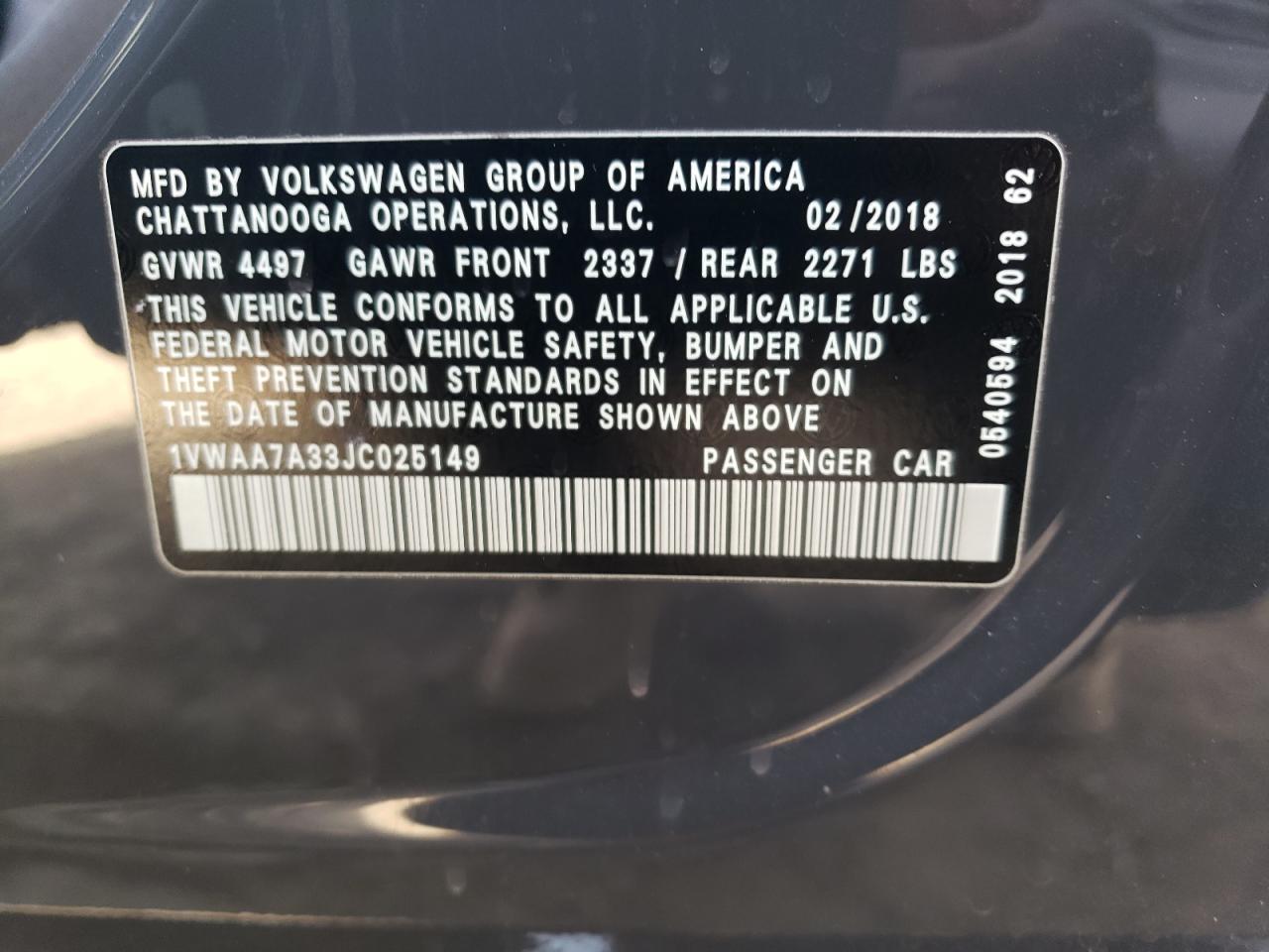 2018 Volkswagen Passat VIN 1VWAA7A33JC025149 Copart auction photo, front end damage thumbnail 14