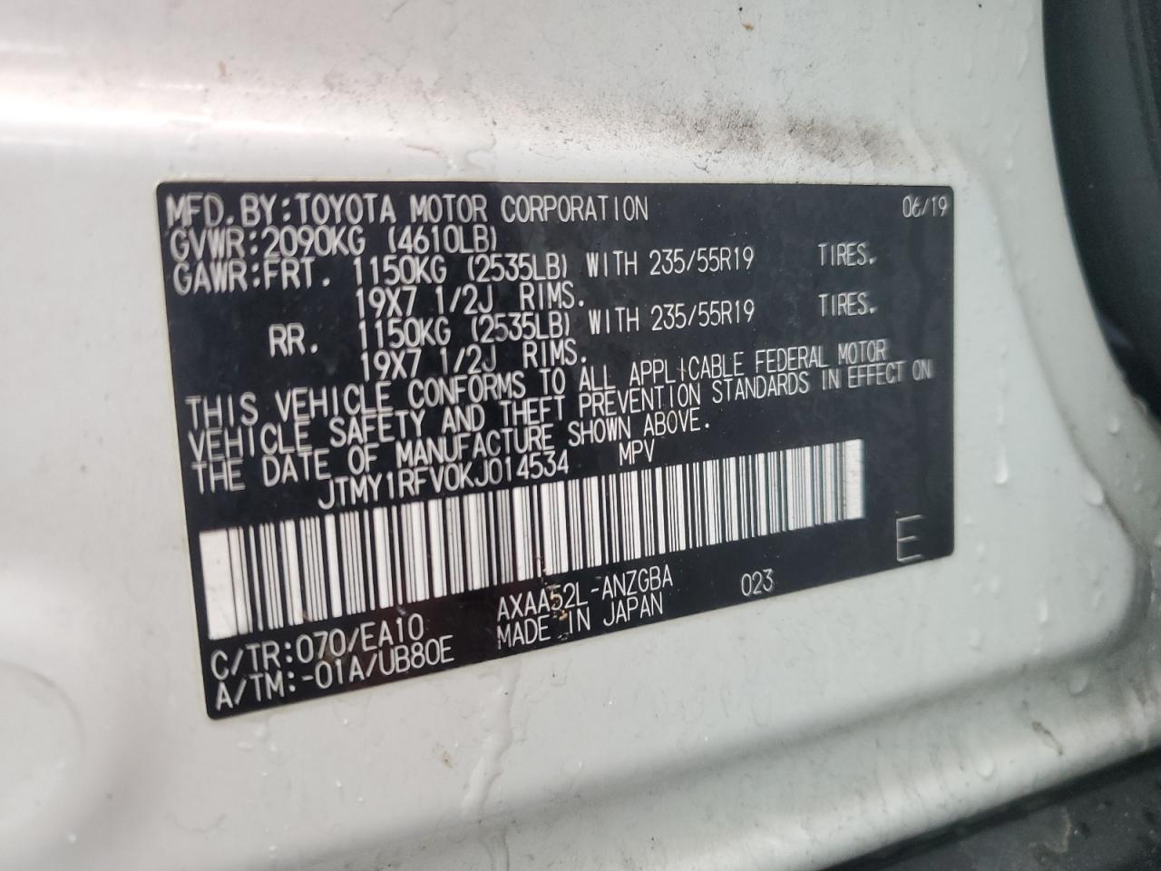2019 Toyota RAV 4 VIN JTMY1RFV0KJ014534 Copart auction photo, all over damage thumbnail 13