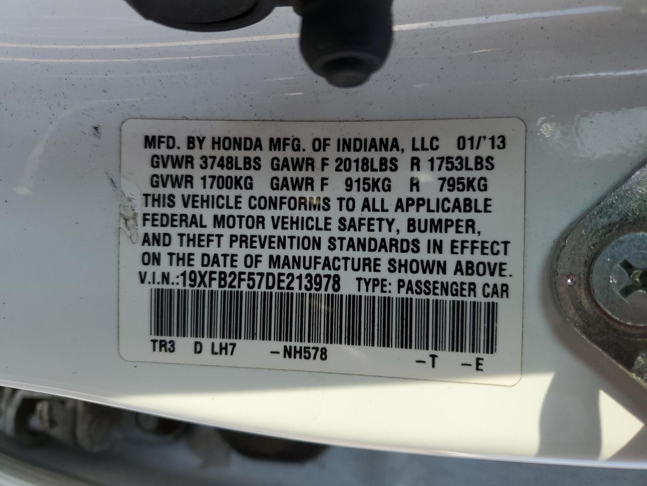 2013 Honda Civic VIN 19XFB2F57DE213978 Copart auction photo, front end / side damage thumbnail 15