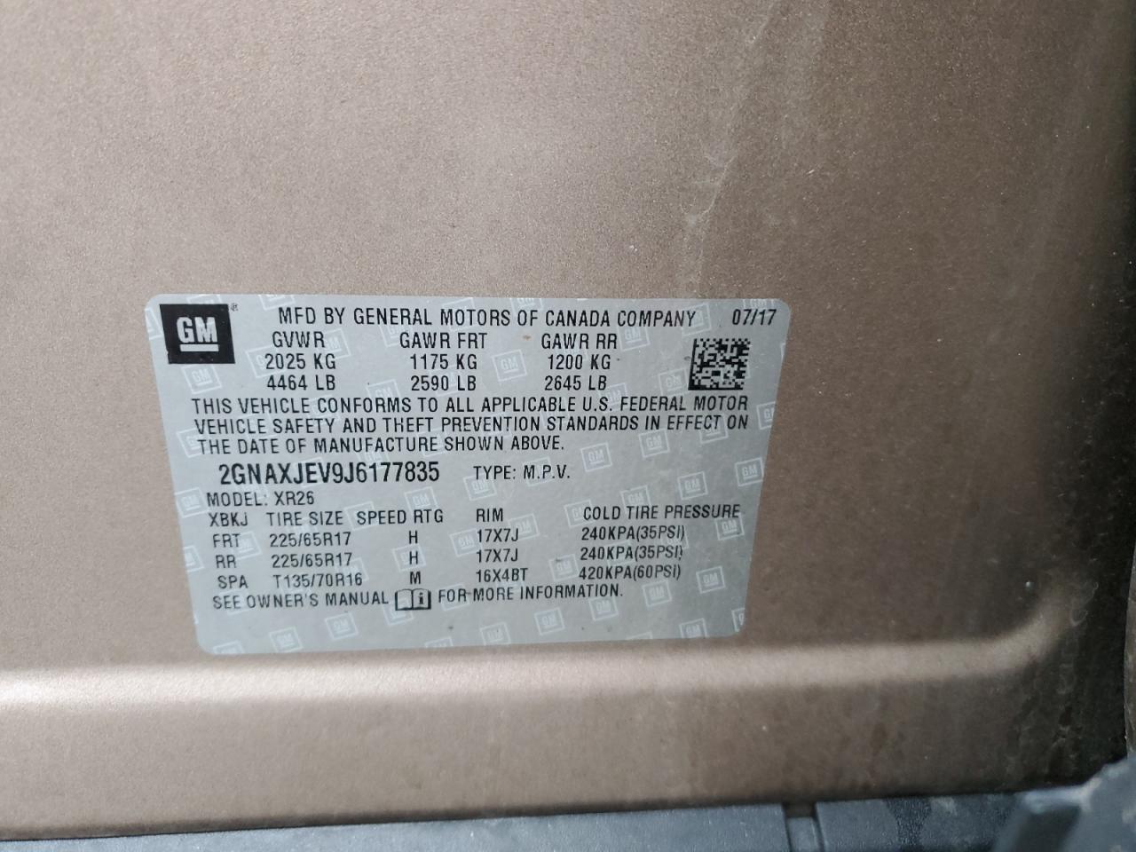 2018 Chevrolet Equinox VIN 2GNAXJEV9J6177835 Copart auction photo, water/flood damage thumbnail 13