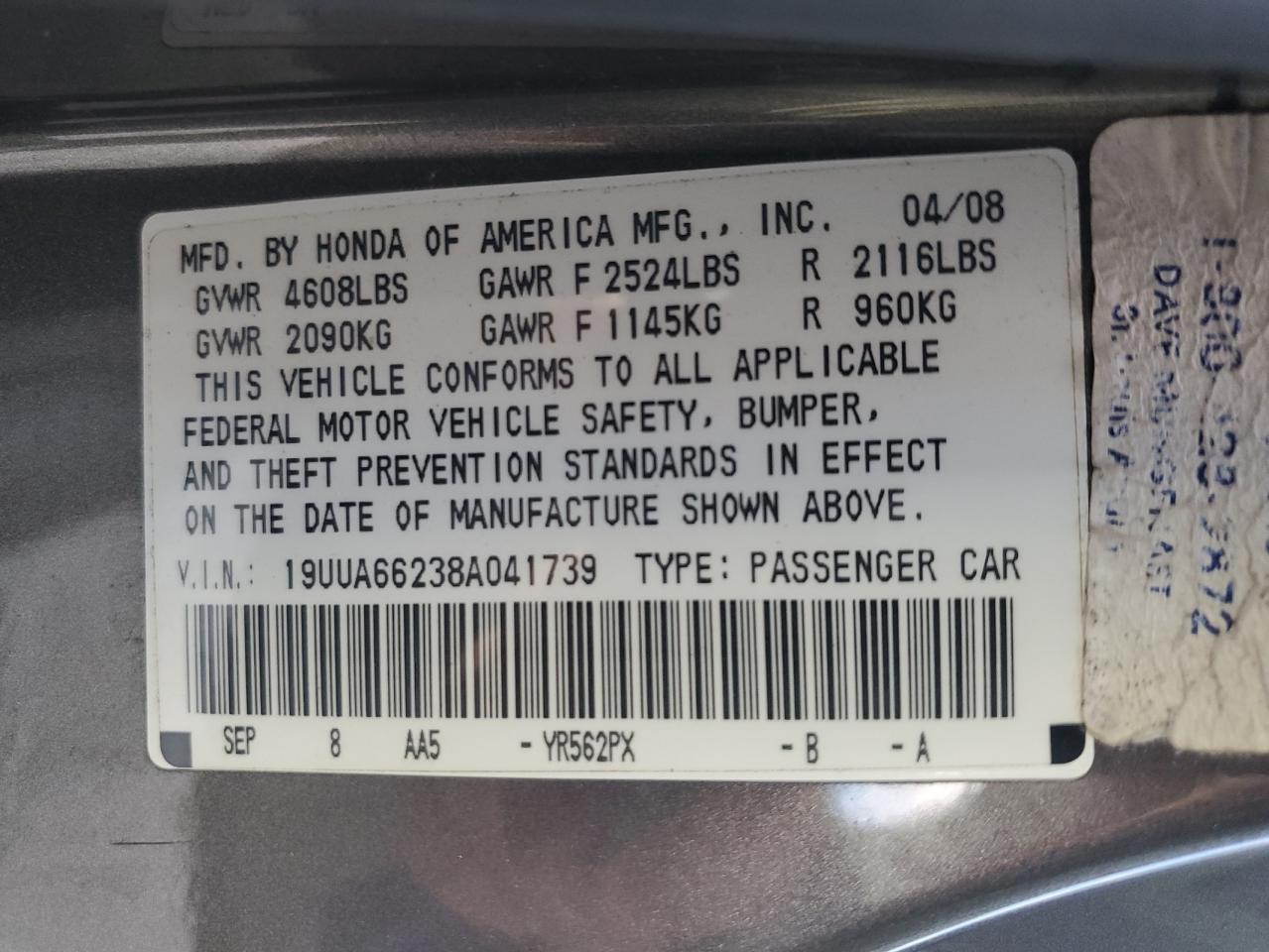 2008 Acura TL VIN 19UUA66238A041739 Copart auction photo, rear end / side damage thumbnail 12