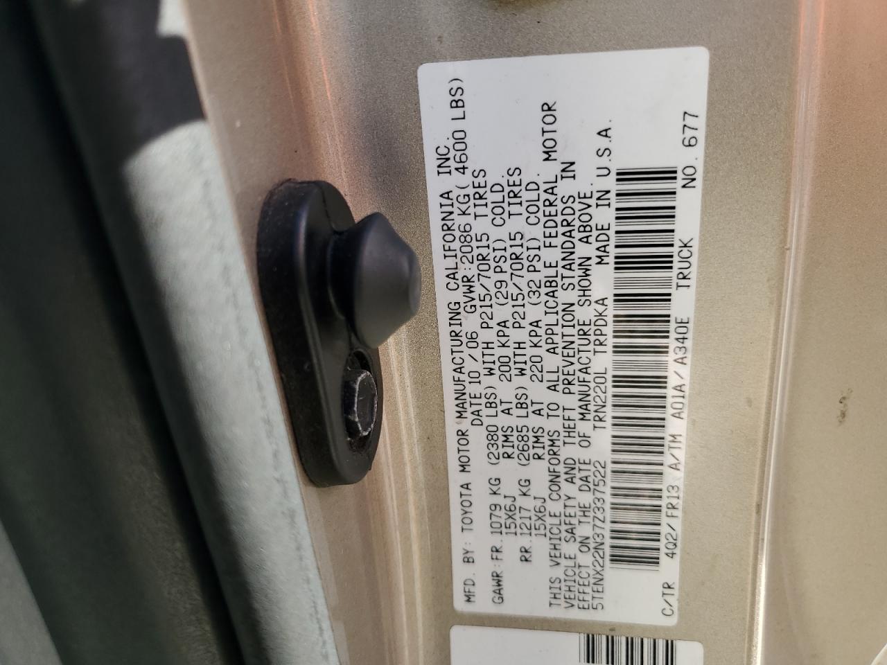 2007 Toyota Tacoma VIN 5TENX22N37Z337522 Copart auction photo, undercarriage / front end damage thumbnail 14