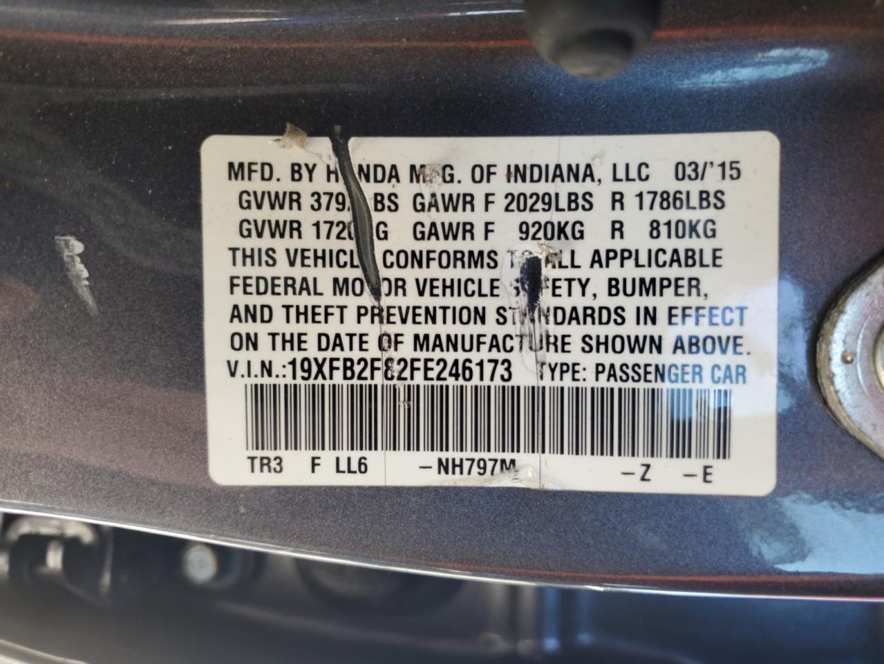 2015 Honda Civic VIN 19XFB2F82FE246173 Copart auction photo, front end damage thumbnail 14