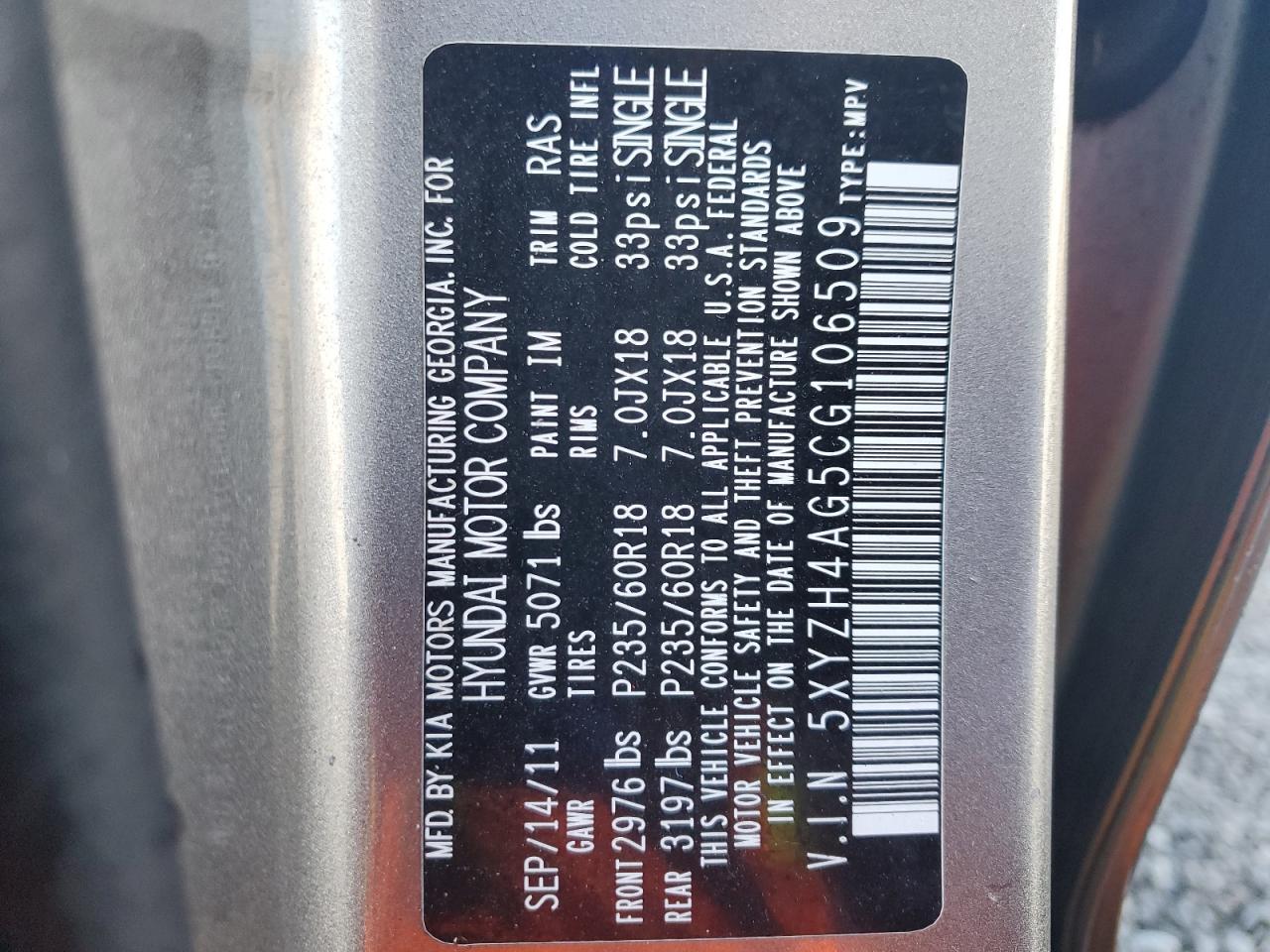 2012 Hyundai Santa Fe VIN 5XYZH4AG5CG106509 Copart auction photo, side damage thumbnail 16