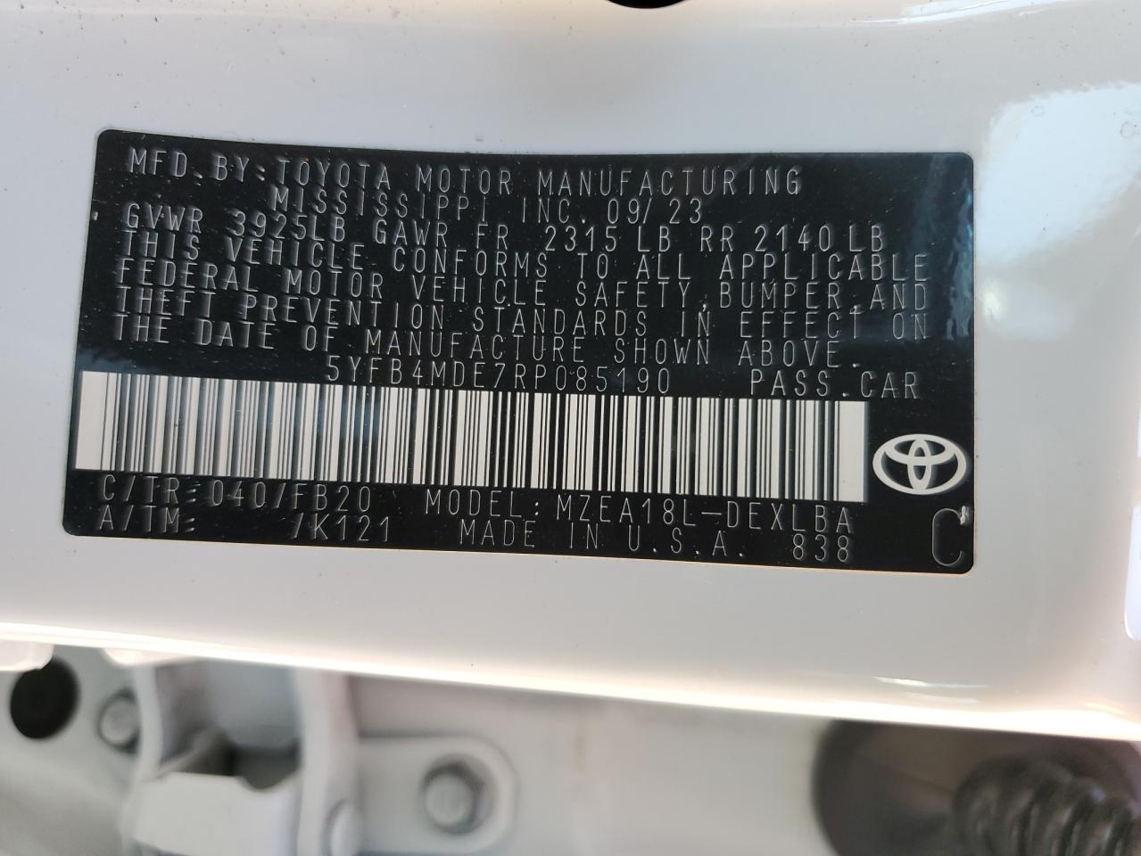2024 Toyota Corolla VIN 5YFB4MDE7RP085190 Copart auction photo, side / front end damage thumbnail 12