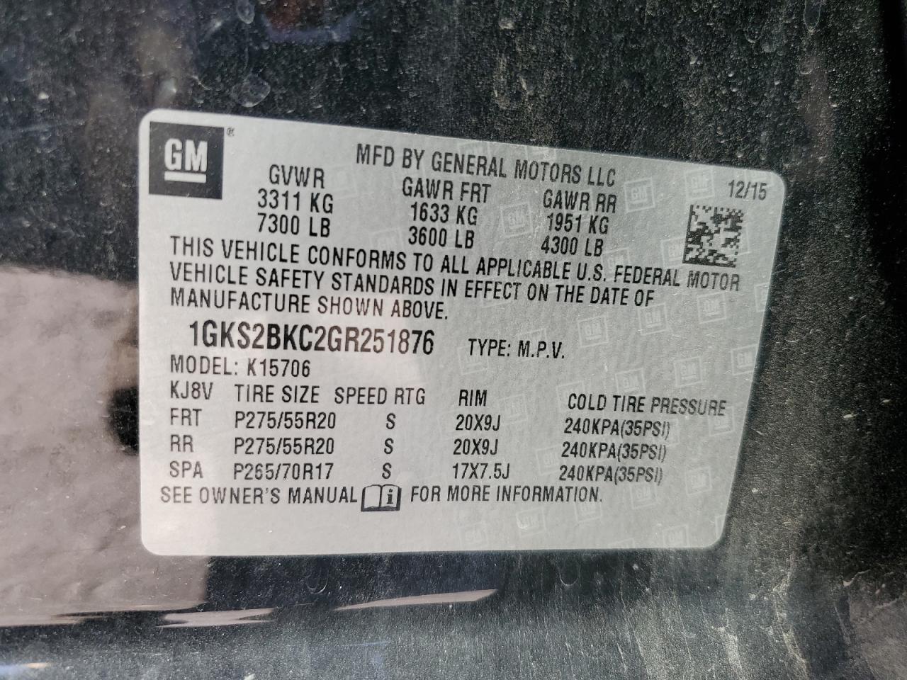 2016 GMC Yukon VIN 1GKS2BKC2GR251876 Copart auction photo, rear end / side damage thumbnail 15