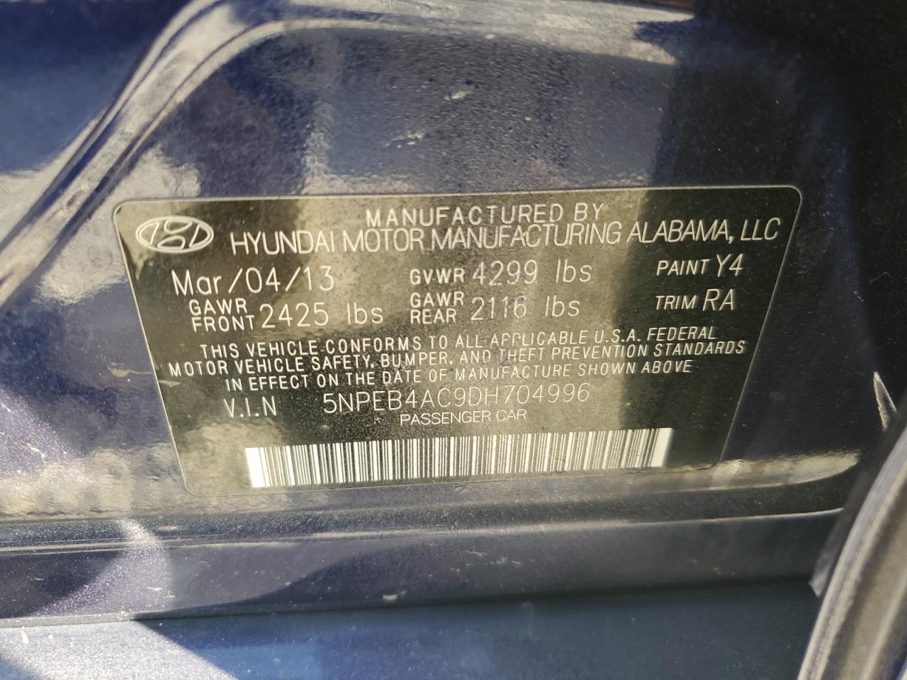 2013 Hyundai Sonata VIN 5NPEB4AC9DH704996 Copart auction photo, stripped damage thumbnail 12