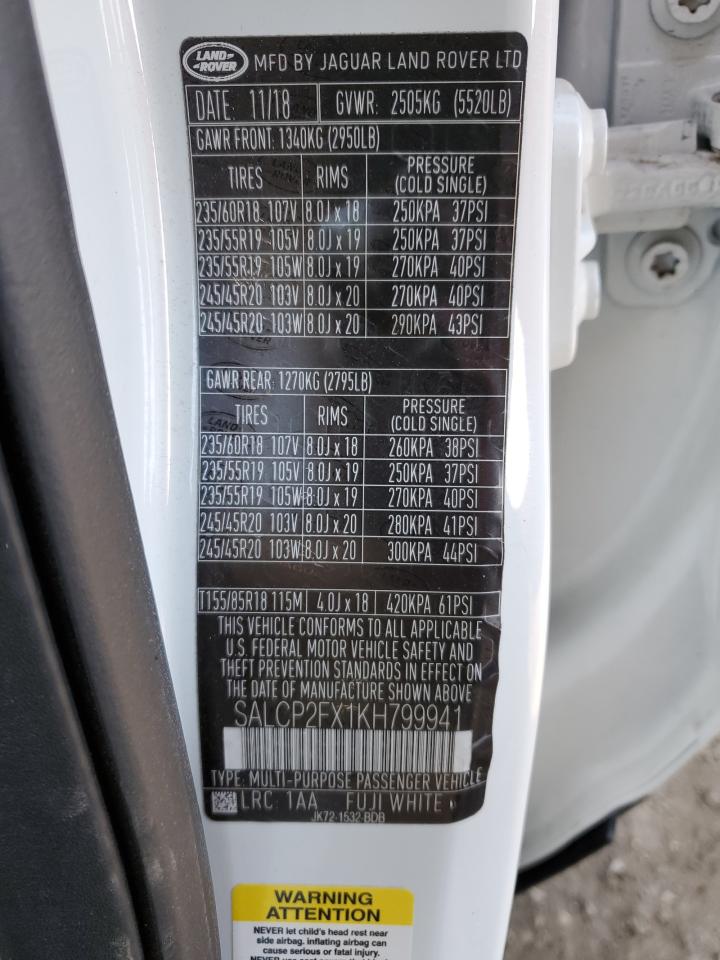 2019 Land Rover Discovery VIN SALCP2FX1KH799941 Copart auction photo, rear end damage thumbnail 14