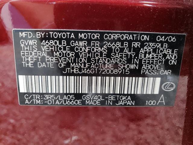 2007 Lexus ES VIN JTHBJ46G172008915 Copart auction photo, front end damage thumbnail 13