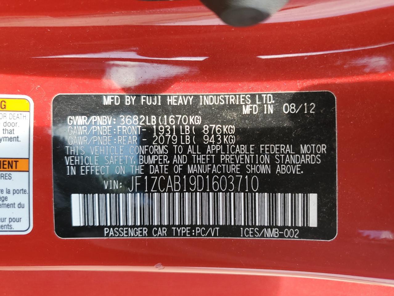 2013 Subaru BRZ VIN JF1ZCAB19D1603710 Copart auction photo, all over / undercarriage damage thumbnail 14