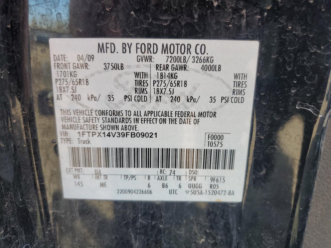 2009 Ford F-150 VIN 1FTPX14V39FB09021 Copart auction photo, side damage thumbnail 12