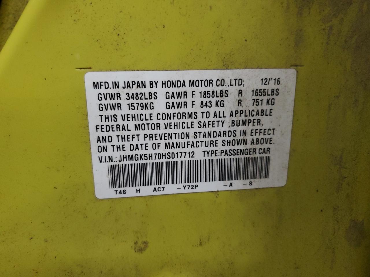 2017 Honda Fit VIN JHMGK5H70HS017712 Copart auction photo, front end damage thumbnail 12