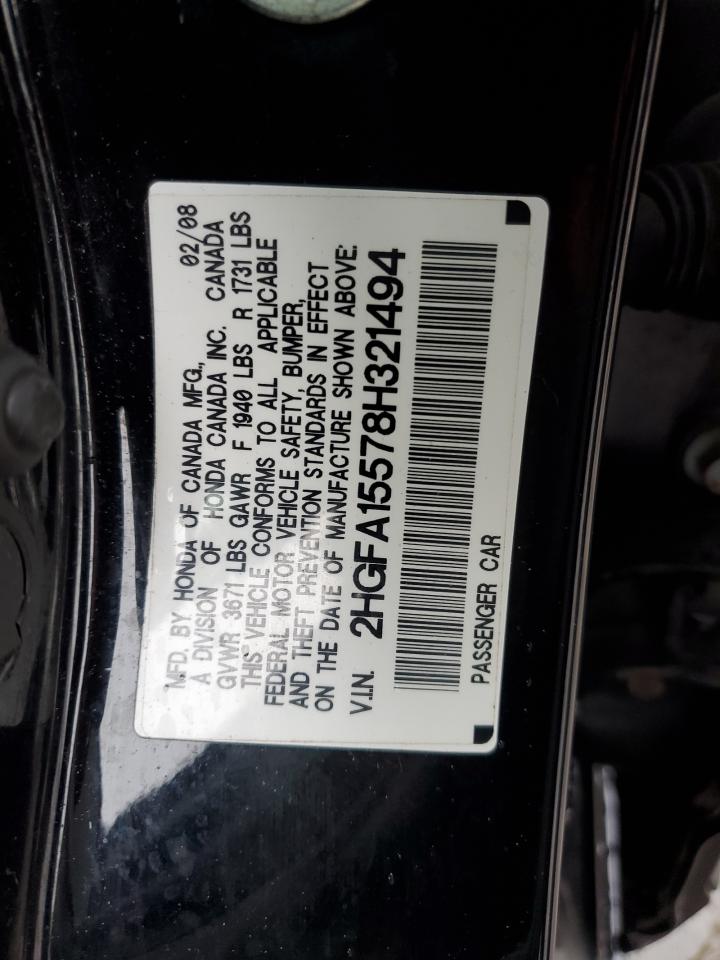 2008 Honda Civic VIN 2HGFA15578H321494 Copart auction photo, side / minor dent/scratches damage thumbnail 12
