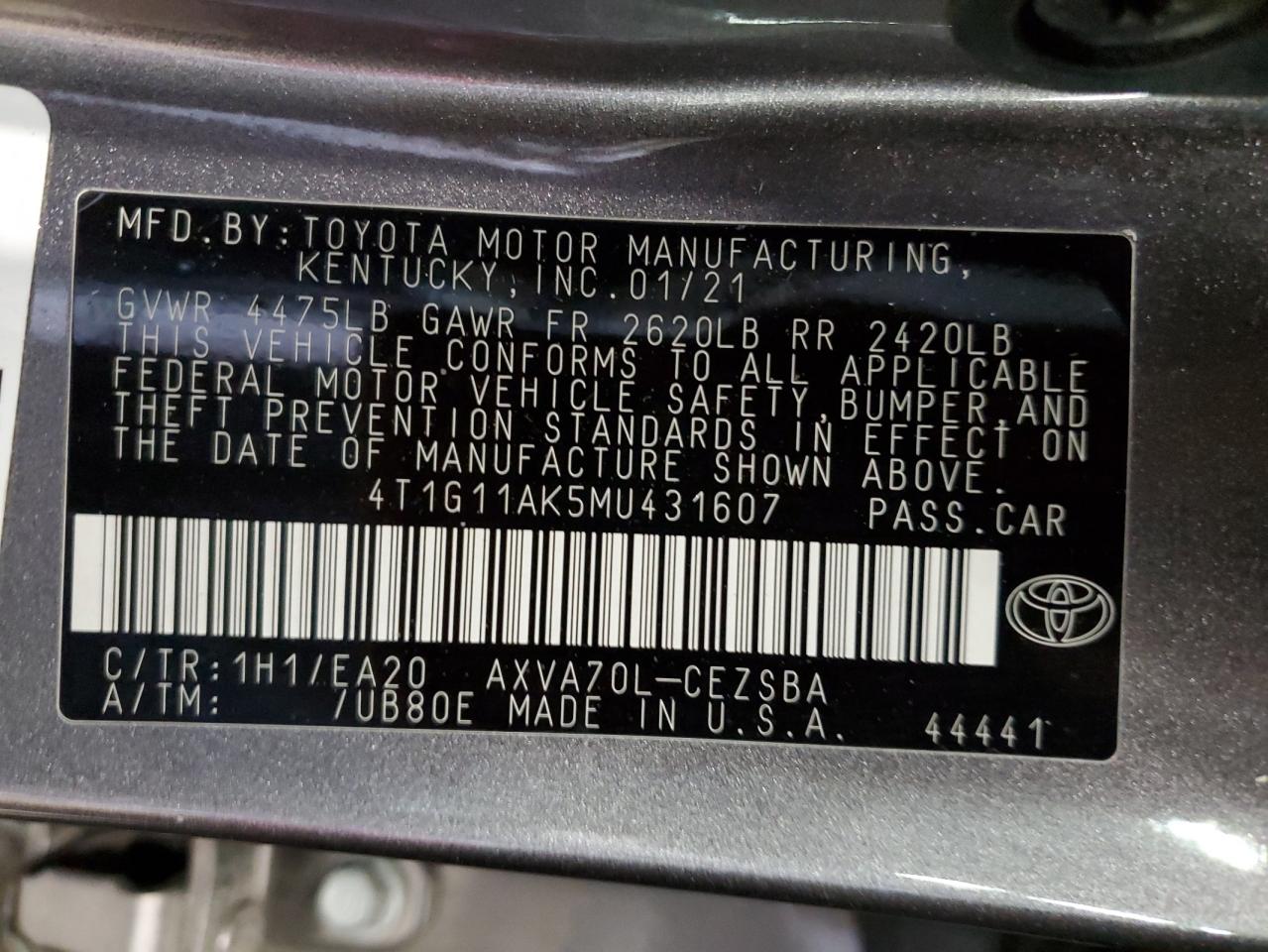 2021 Toyota Camry VIN 4T1G11AK5MU431607 Copart auction photo, front end / minor dent/scratches damage thumbnail 14
