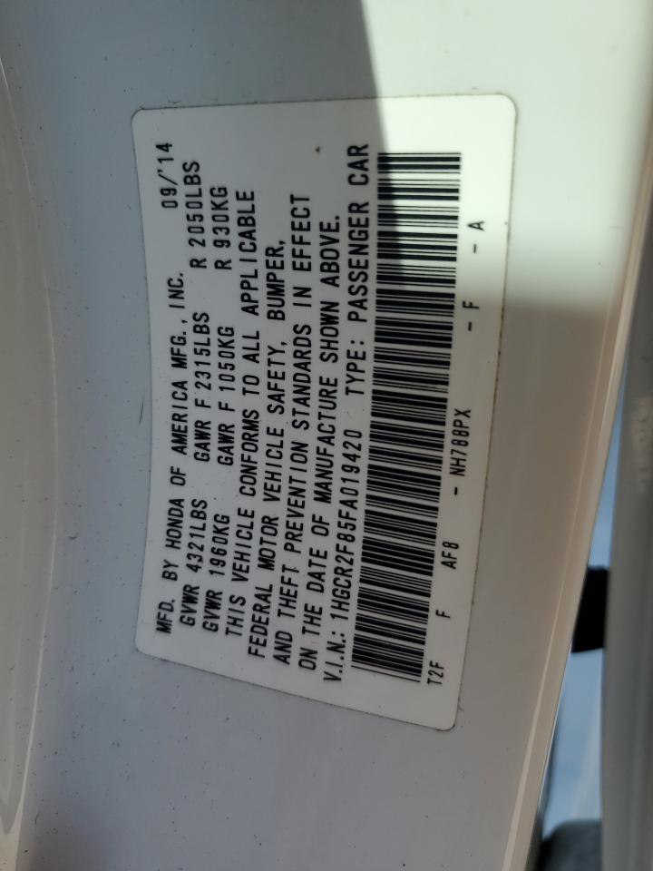 2015 Honda Accord VIN 1HGCR2F85FA019420 Copart auction photo, frame damage / front end damage thumbnail 14