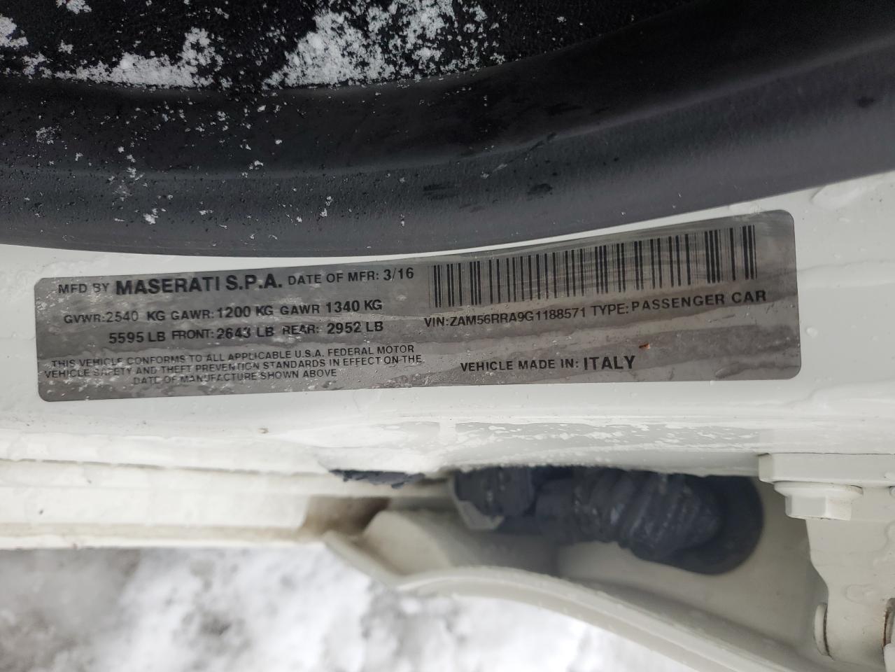 2016 Maserati Quattroporte VIN ZAM56RRA9G1188571 Copart auction photo, vandalism damage thumbnail 12