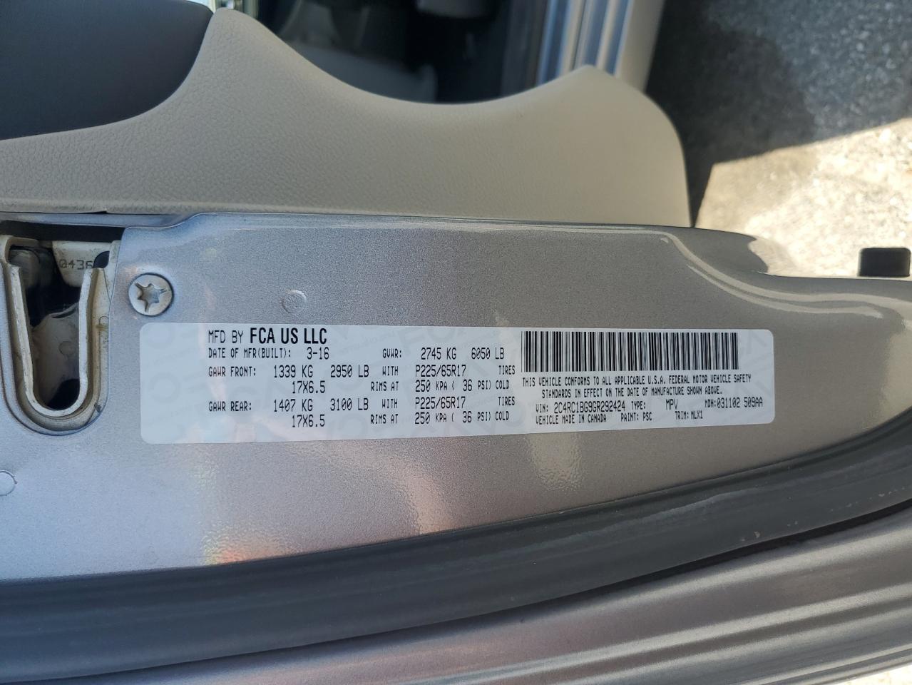 2016 Chrysler Town & Country VIN 2C4RC1BG9GR292424 Copart auction photo, normal wear damage thumbnail 12