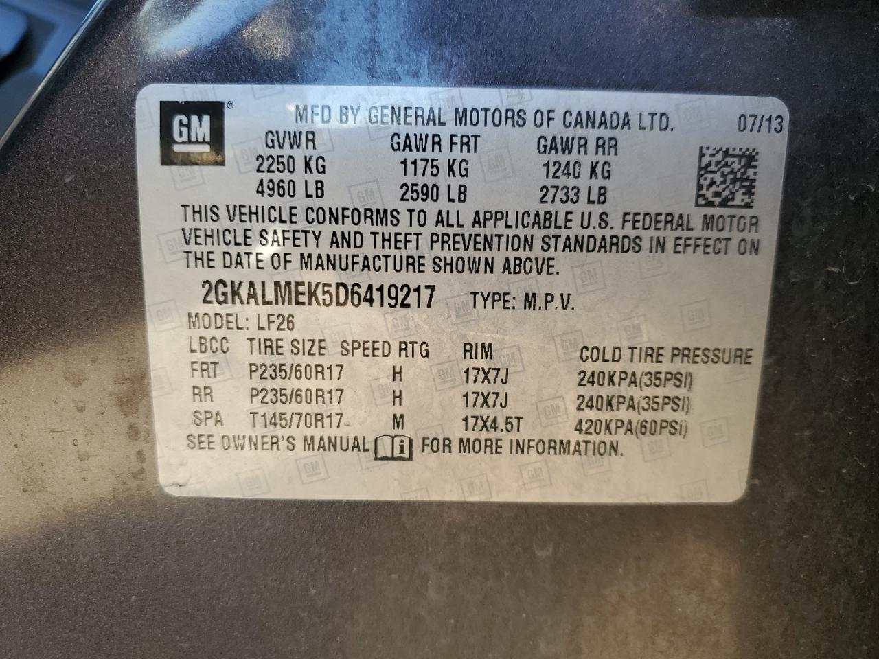 2013 GMC Terrain VIN 2GKALMEK5D6419217 Copart auction photo, front end damage thumbnail 16