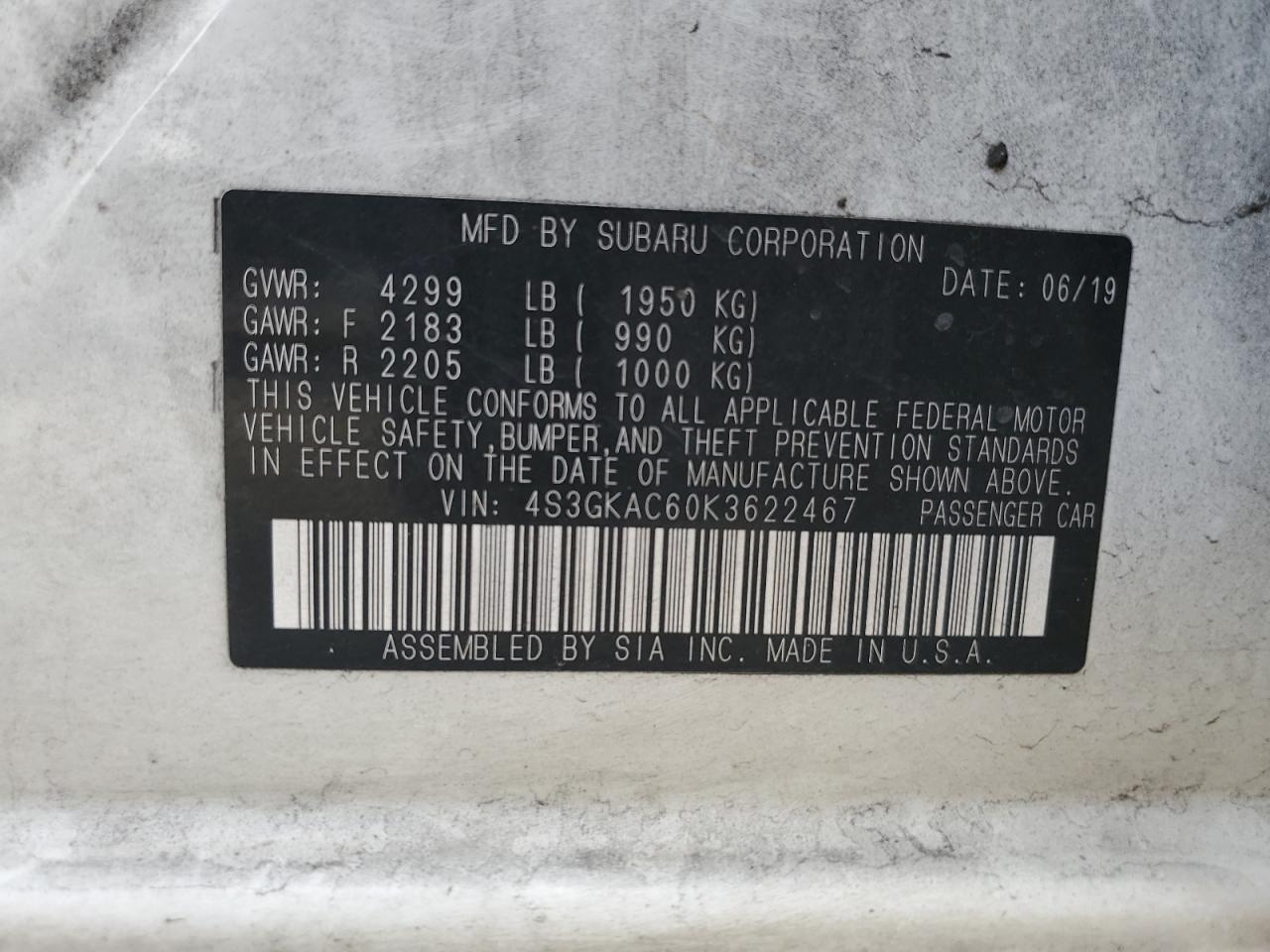 2019 Subaru Impreza VIN 4S3GKAC60K3622467 Copart auction photo, front end damage thumbnail 12
