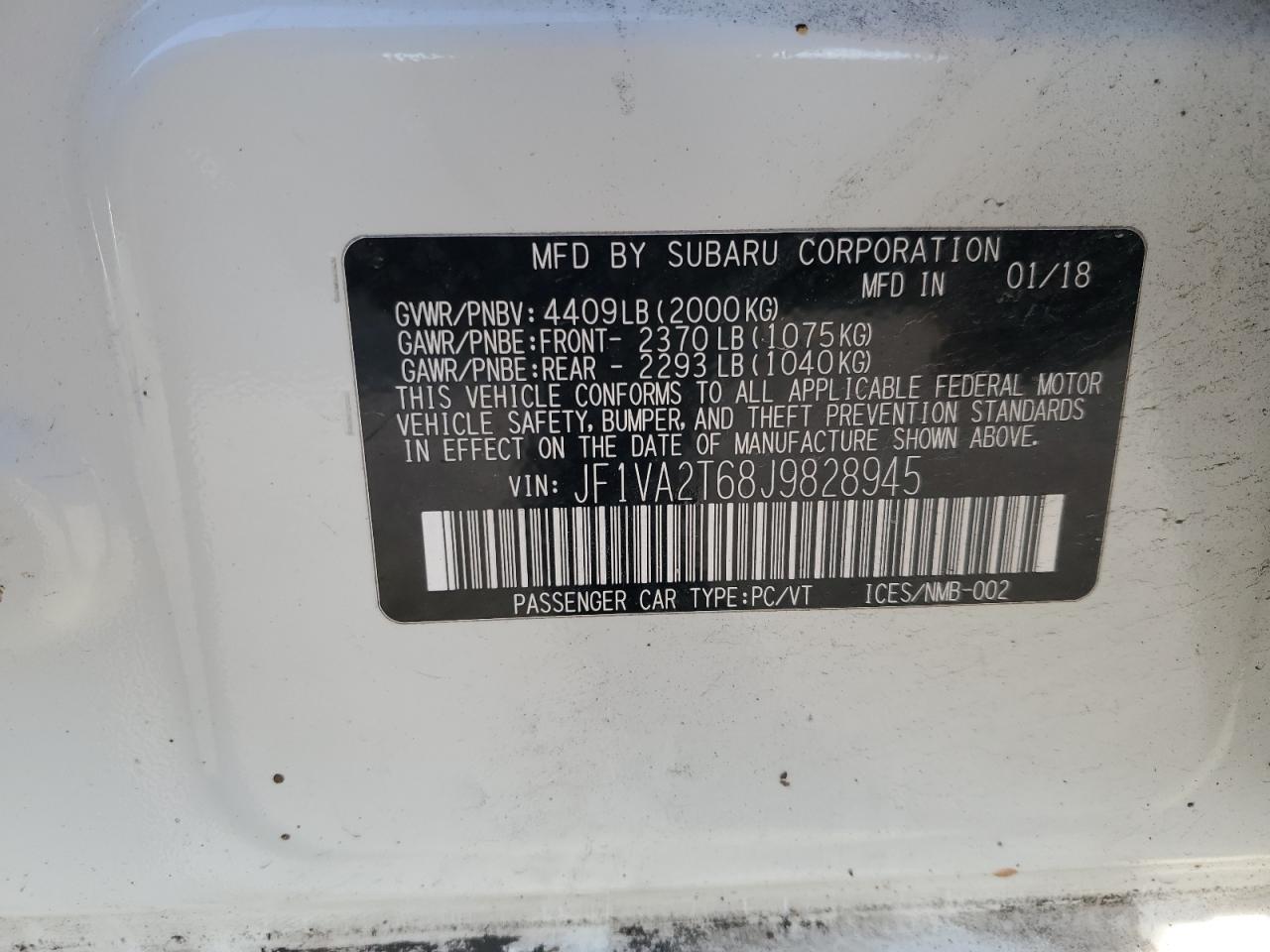 2018 Subaru WRX VIN JF1VA2T68J9828945 Copart auction photo, all over damage thumbnail 14