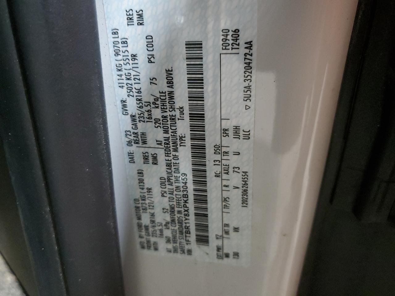 2023 Ford Transit VIN 1FTBR1Y8XPKB30459 Copart auction photo, front end damage thumbnail 14