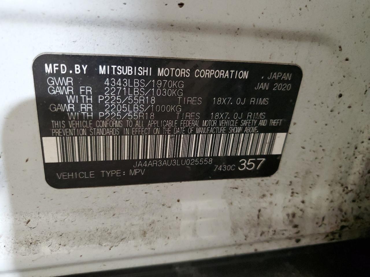 2020 Mitsubishi Outlander VIN JA4AR3AU3LU025558 Copart auction photo, front end / side damage thumbnail 13