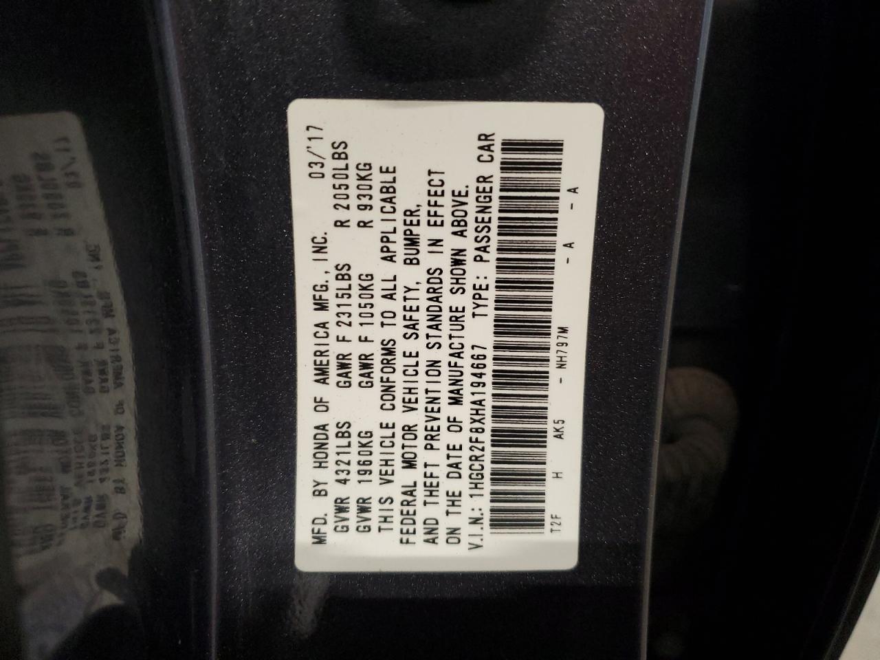 2017 Honda Accord VIN 1HGCR2F8XHA194667 Copart auction photo, front end damage thumbnail 14