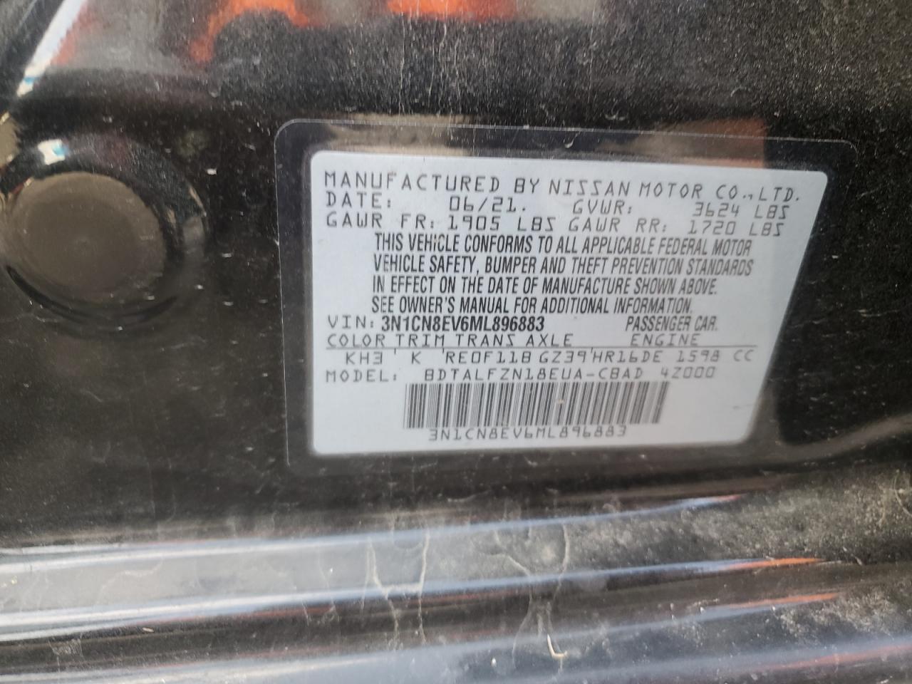 2021 Nissan Versa VIN 3N1CN8EV6ML896883 Copart auction photo, front end damage thumbnail 12